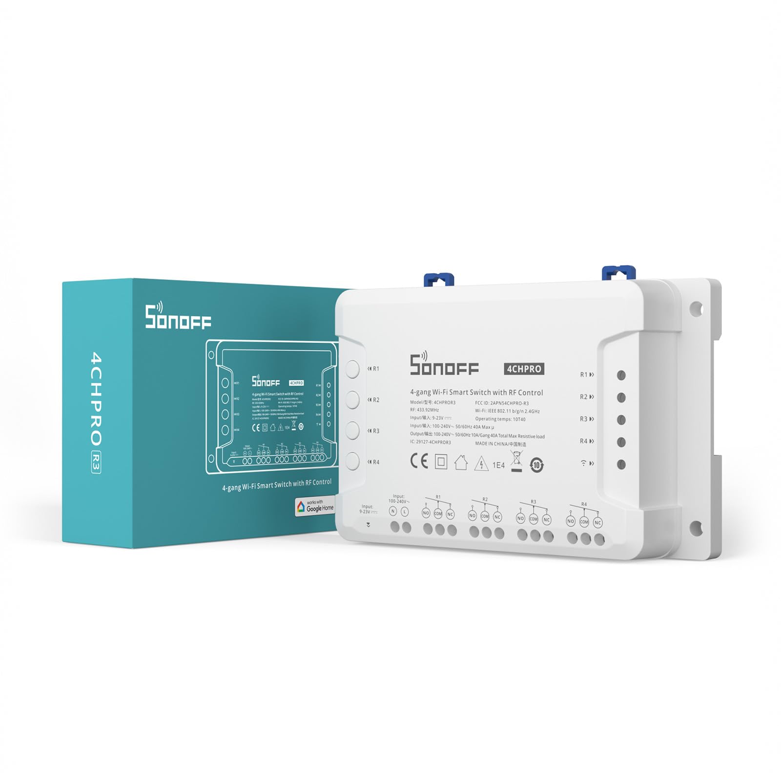 SONOFF SONOFF Interruptor de garagem e interruptor inteligente Wi-Fi de 4 Gang, 4CH PRO R3, 3 modos de funcionamento, Wi-Fi ou controlo remoto de RF de 433 MHz, AC/DC, Supports Alexa, Google Home, IFTTT