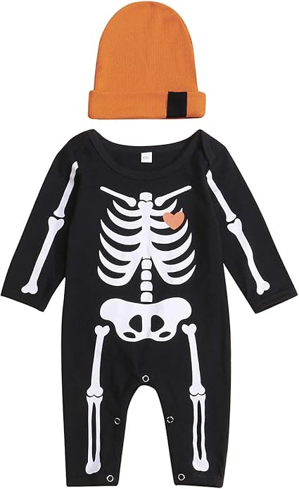 HodJIU Baby,Clothing,Baby Boys 0-24m,Bodysuits & One-Pieces,Rompers Newborn Baby Boy Halloween Clothes Set Long Sleeve Skeleton Print Romper Bodysuit + Hat Jumpsuit One Piece Halloween Outfits