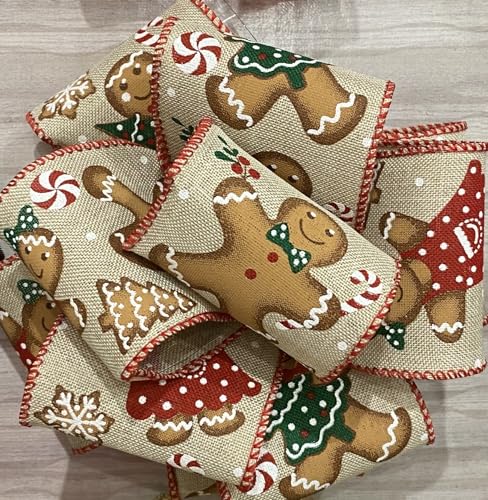 2.5 Wired Edge Burlap Christmas Ribbon - Gingerbread Boys and Girls Alternating Prints - 10 Yards. May Be Used for All Holiday Crafting!