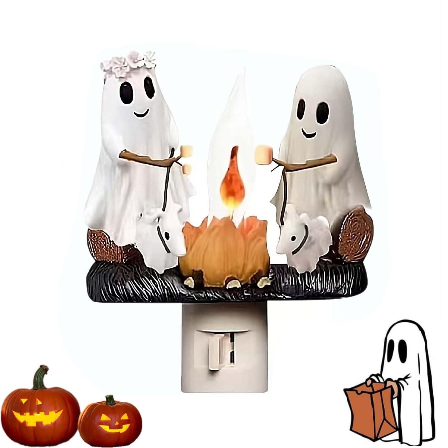 Preni White-1Pcs Ghost Walking Dog Campfire Flickering Night Light, Halloween Cute Ghost Walking Dog Statue Roasting Marshmallows Bonfire Night Light, Ghost Flashing Plug In Night Light Halloween Decoration