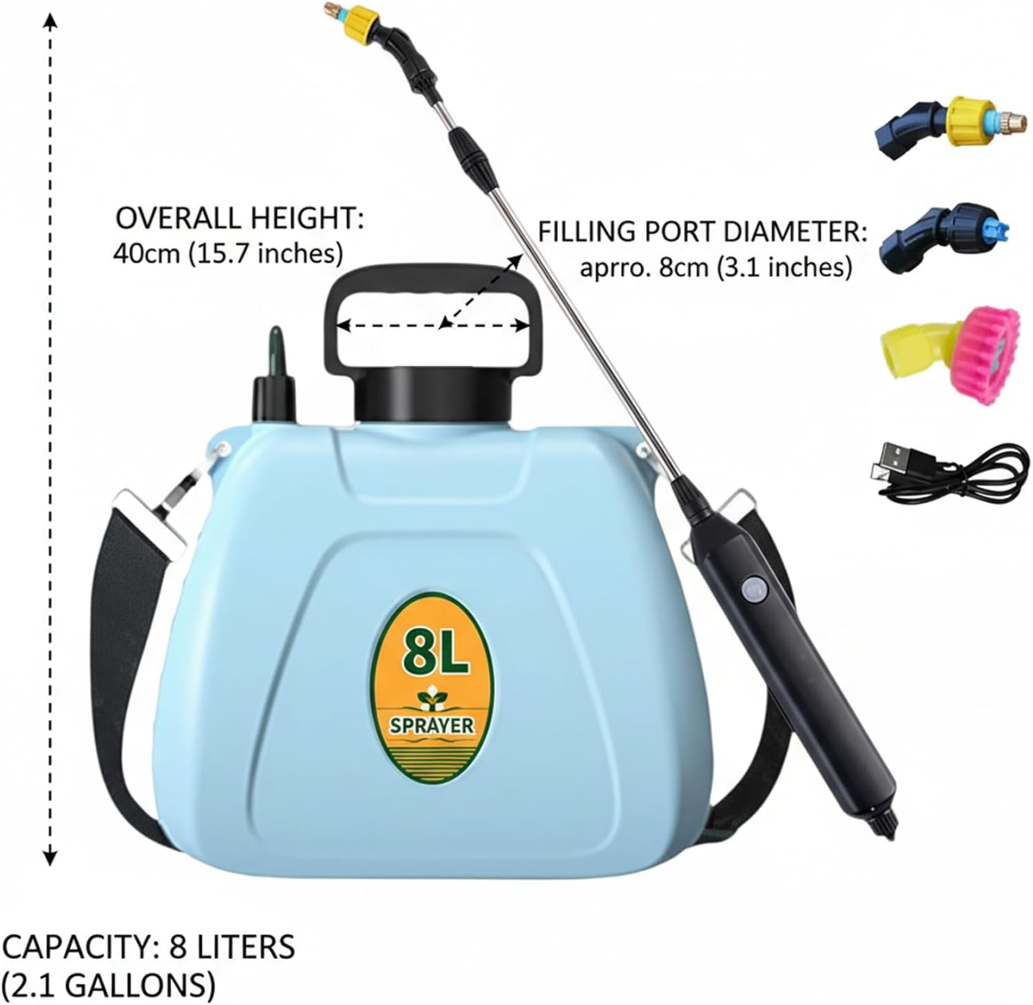 Garden Sprayer, Electric Sprayer, 8L Battery Powered Backpack with Upgraded Pump, 2 Gallon Garden Sprayers with Adjustable Nozzle for Watering, Lawn, Outdoor Use