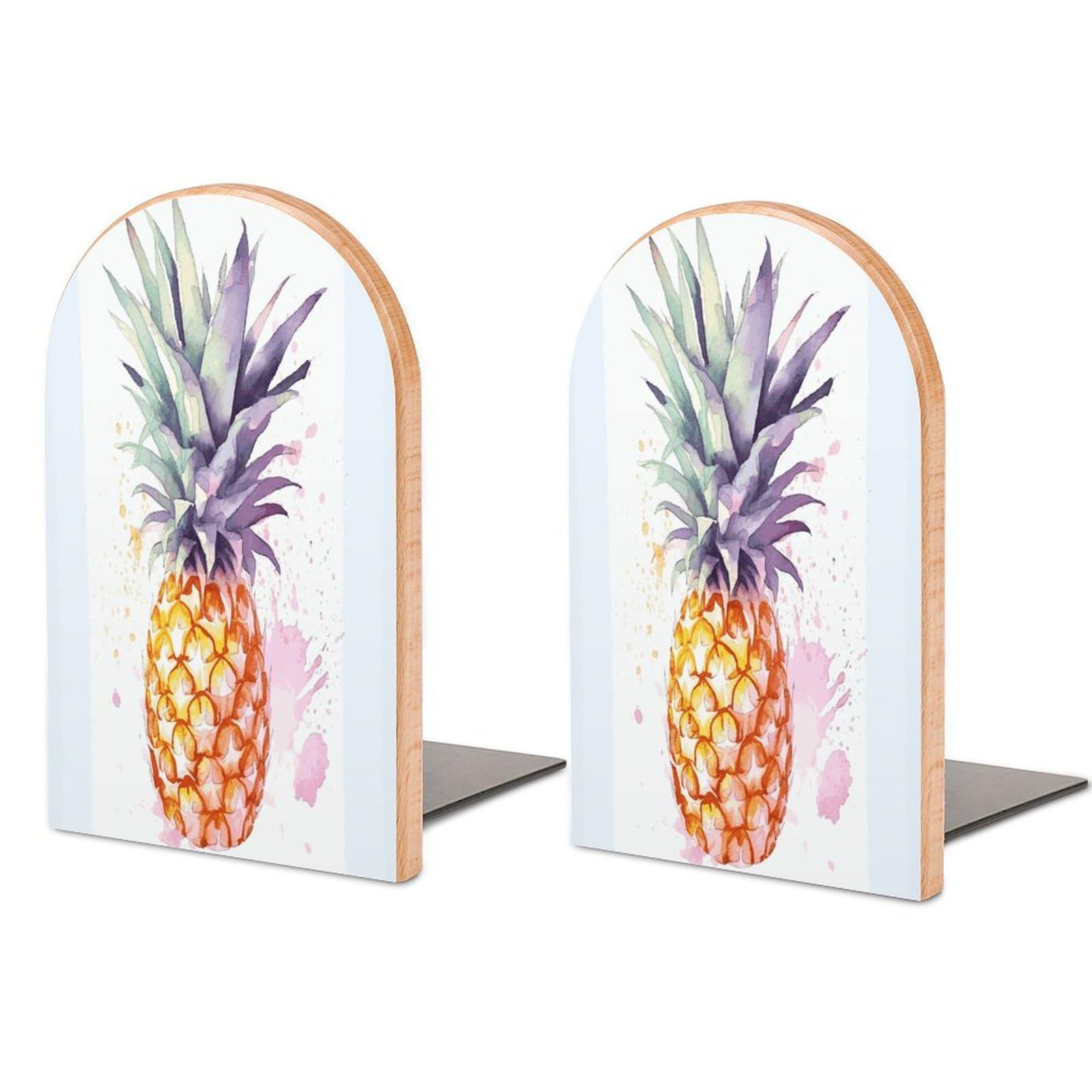 Pineapple Bookend for Shelves Non-Skid Book Holder Modern Heavy Duty Bookend Stopper Metal Base Wood Book End Books Shelf Holder Home Decorative 1pair 5x3.9x3.1