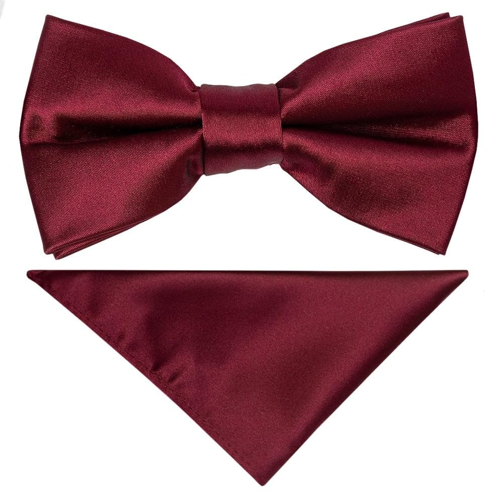 TIES R US Plan Burgundy Hand Made Mens Bow Tie and Pocket Square Set