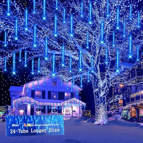 Kwaiffeo Outdoor Christmas Decorations 24 Tubes(Equivalent to 3 Sets of 8-Tubes) LED Meteor Shower Lights for Xmas Halloween Decor Yard Lawn Outside Party Outdoor Lighted Christmas-Themed Ornaments