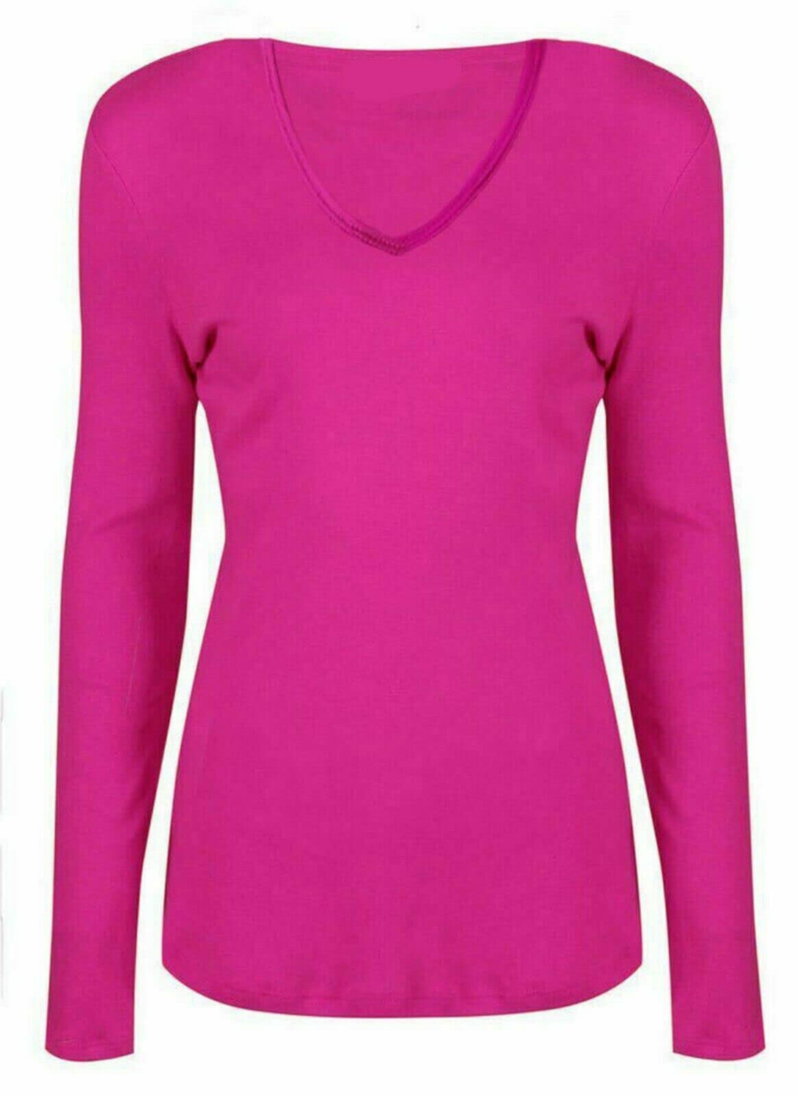 WearAll New Ladies V Neck Long Sleeve Stretch Top Plus Size Womens Plain T-Shirt Cerise 20/22