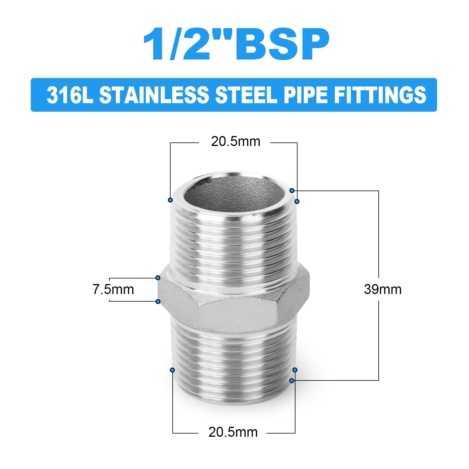 2 szt. stal nierdzewna 316L męskie sześciokątne złączki rurowe 1/2" BSP męska rura x 1/2" BSP męska rura | Równe podwójne porty gwintowane męskie sześciokątny profil centralny szczelne proste wyrównanie do rur płynnych