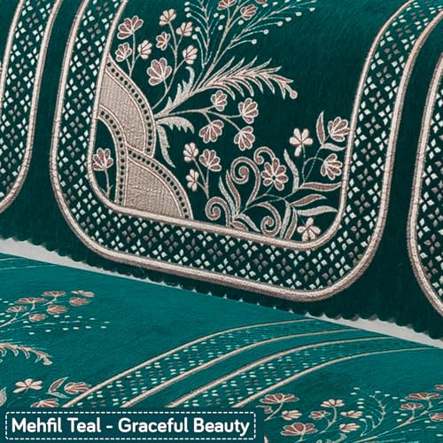 Image of HOKIPO Mehfil Teal Premium Chenille Jacquard Sofa Cover for 1 Seater for Seat & Back, 'Royal Aangan Series' (IN-1006-L7*2)
