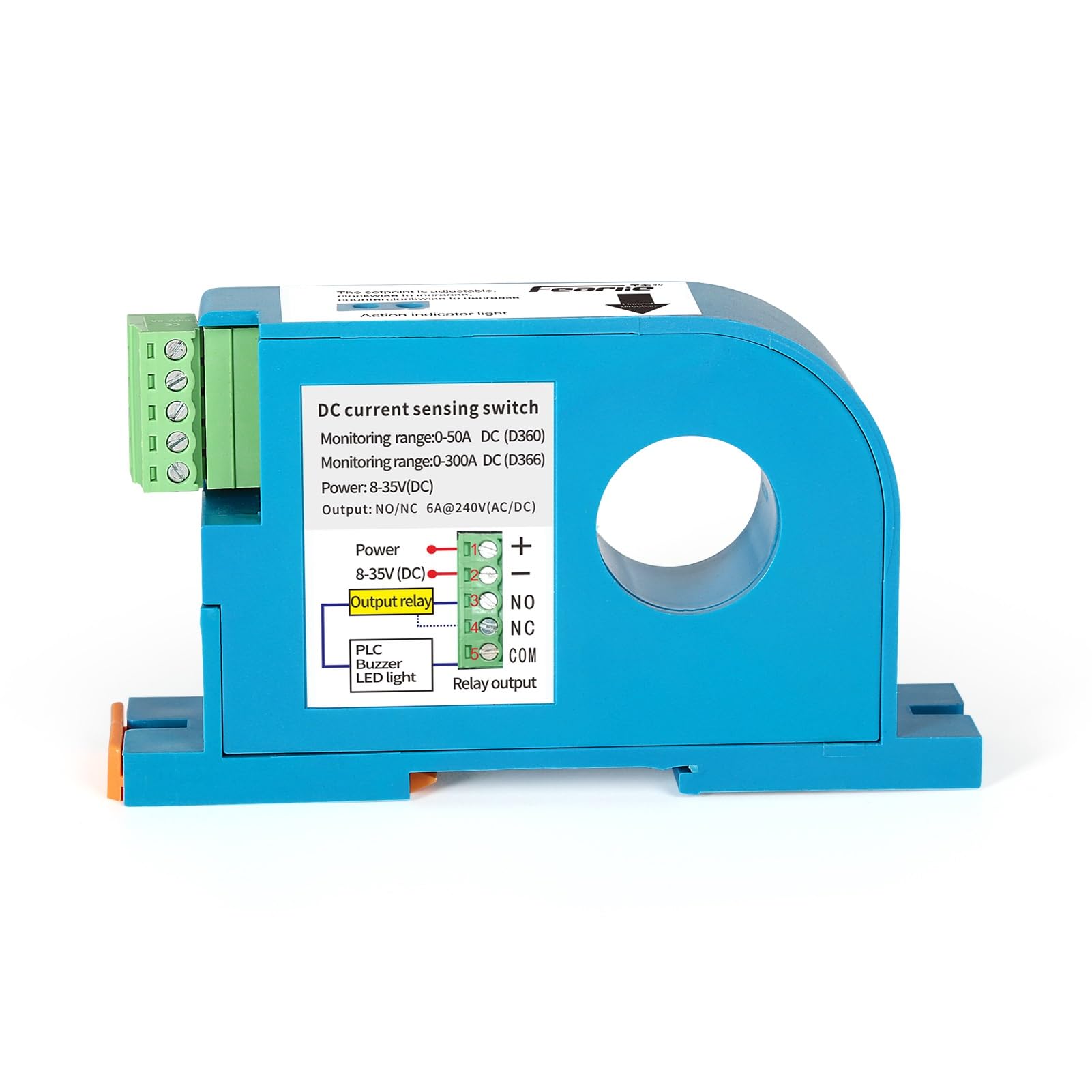 DeWin Commutateur de Détection de Courant, Interrupteur de Détection de Courant Continu Protection Contre Les Surcharges Contrôle de Liaison Capteur à Effet Hall D360 0-50A 1NO+1NC