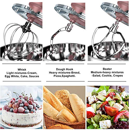 Nurxiovo Pro 3 in 1 Stand mixer Electric 850W Kitchen Food Mixer with 6 Speed and Pulse, Home mixer stand up with 6.5 QT Stainless Steel Bowl, Beater,Whisk,Dough Hook, Juice Extracter and Meat Blender, Rose Gold