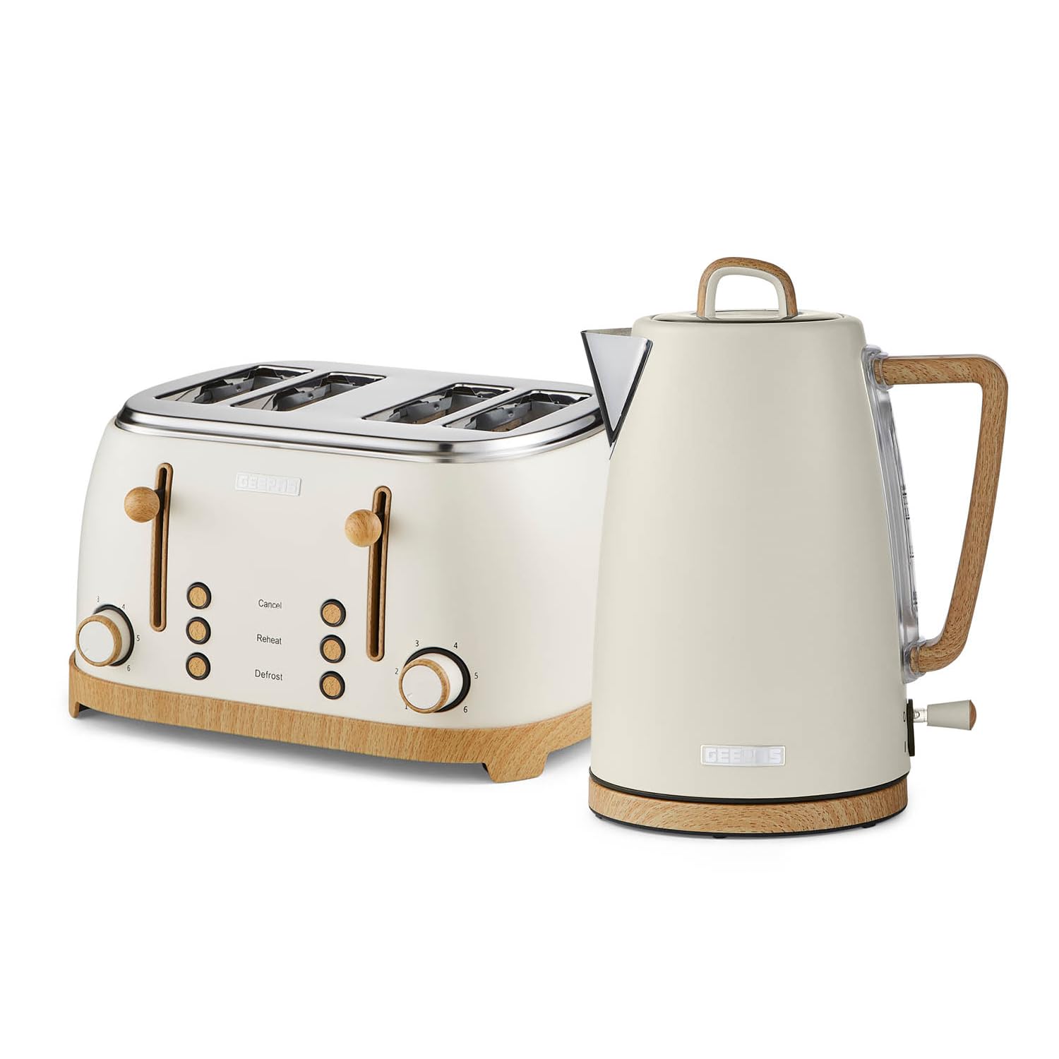 GEEPAS NordiQ 4 Slice Toaster & 1.7L Electric Kettle Combo Set | Matte Finish with Wood Accents | 1500W 6 Browning Levels Defrost Reheat & Cancel | 3000W Rapid Boil Cordless Jug Kettle | Cream