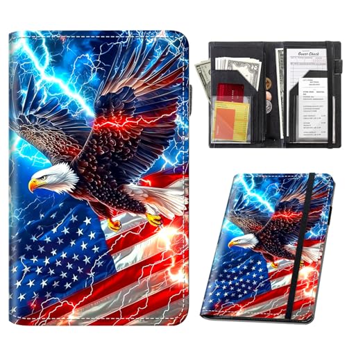 ETLKJVBL Stylish Server Books for Waitress - Premium Leather Waiter Book, American Flag Eagle Practical Waitstaff Organizer with Card Slots, Perfectly Fit Server Apron