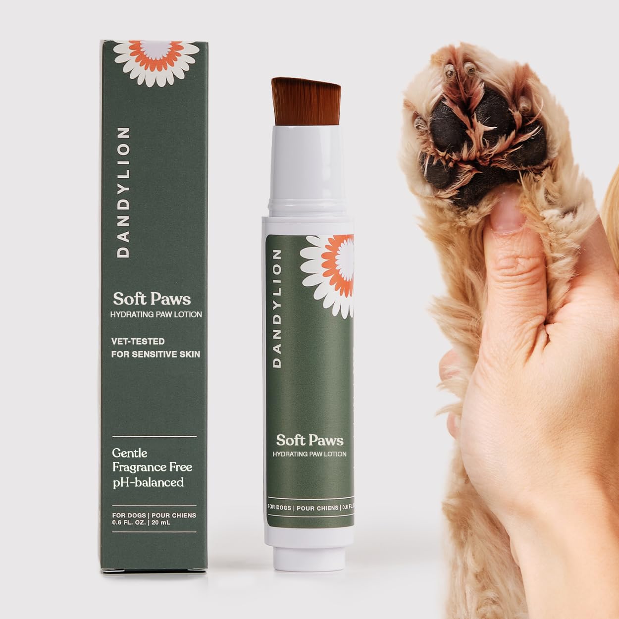 Soft Paws | Paw Lotion with Brush | Dog Paw Balm Hydrating Alternative | Vet-Approved, Lick-Safe & Fragrance-Free | pH-Balanced for Itchy, Dry, Cracked Paws, Small & Large Dogs 0.6 fl oz