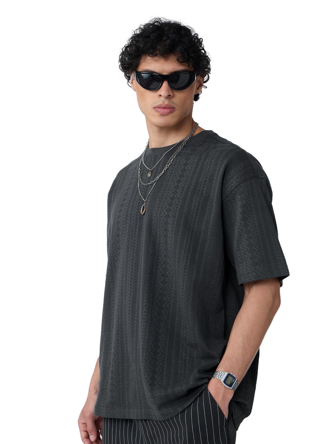 Textured T-Shirt: Midnight Men and Boys Short Sleeves Round Neck Grey Cotton Oversized T-Shirts-image-28