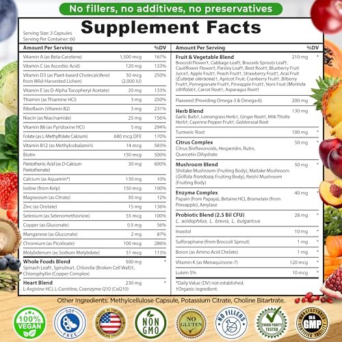 Image of Vegan Whole Food Daily Multivitamin Without Iron, Methylated Multivitamin for Women and Men, Made with Fruits & Vegetables, B-Complex, Probiotics, Enzymes, CoQ10, Omegas, Turmeric, Non-GMO, 180 Count