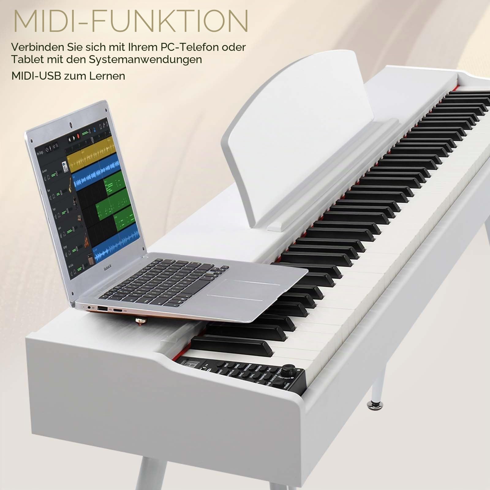 LALAHO E-Piano 88 Tasten Gewichteten, Klavier Digital Piano für Anfänger, Keyboard Piano mit 3 Pedal Einheit, Vierbeinständer, Doppel-Bluetooth, Stereolautsprechern, Weiß