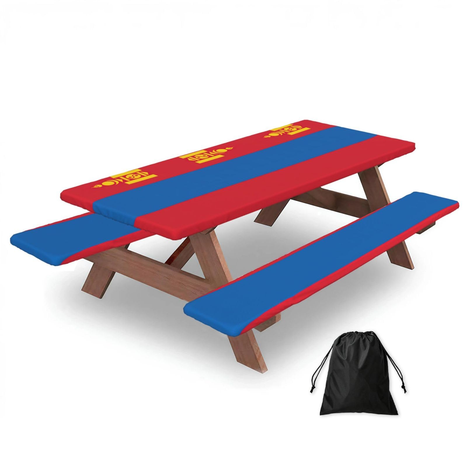 Duwaa Black Mongolian Flag Print 183Cm Picnic Table Cover With Bench Covers, Waterproof Elastic Tablecloth Set For Outdoor