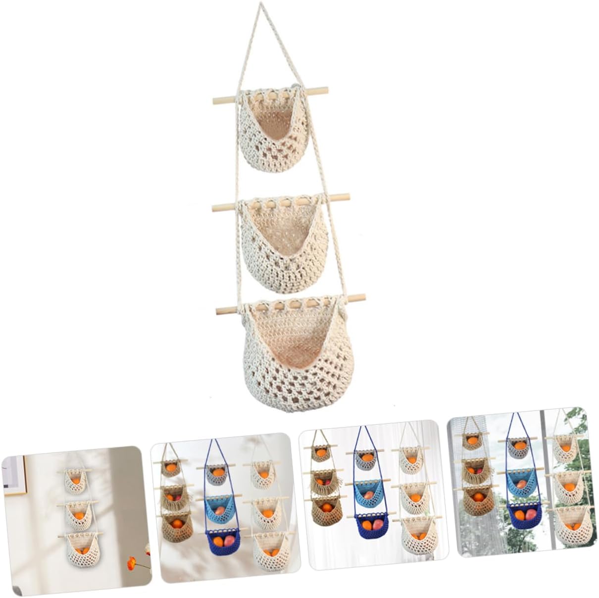 3-Tier Hanging Fruit and Vegetable Basket Handmade Cotton Rope Woven Kitchen Storage Organizer Wall-Mounted Produce Holder for Home and Kitchen