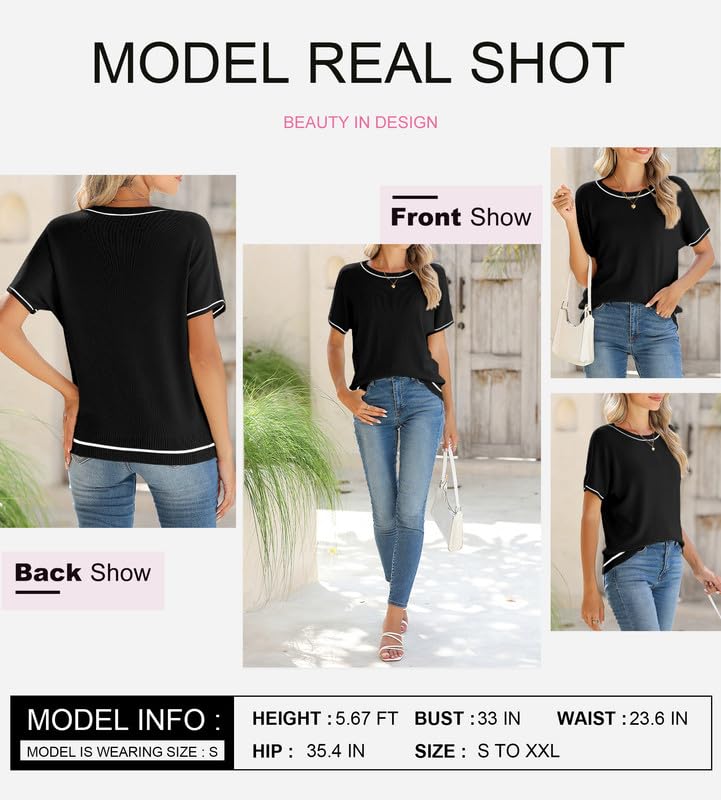 Image of SHEWIN Womens Tops Trendy Short Sleeve Shirts Crewneck Lightweight Knit Sweater Top Business Casual Outfits