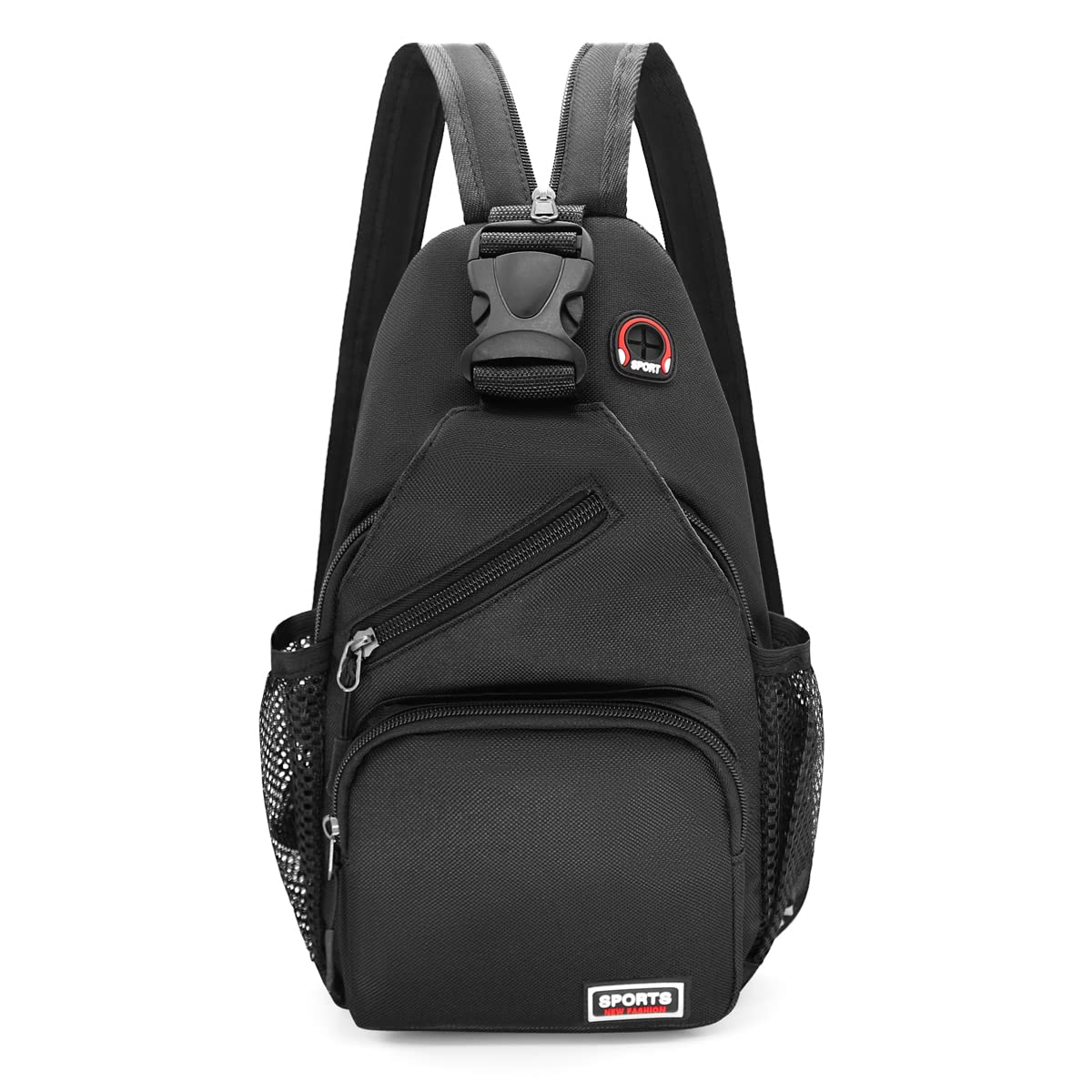 HNOOM Sling Bag Damen Klein Rucksack mit Kopfhörerloch Brusttasche Damen Oxford-Stoff Crossbody Bag Damen Casual Daypack mit Verstellbarem Schultergurt für Outdoorsport, Reisen, Einkaufen (Schwarz-L)