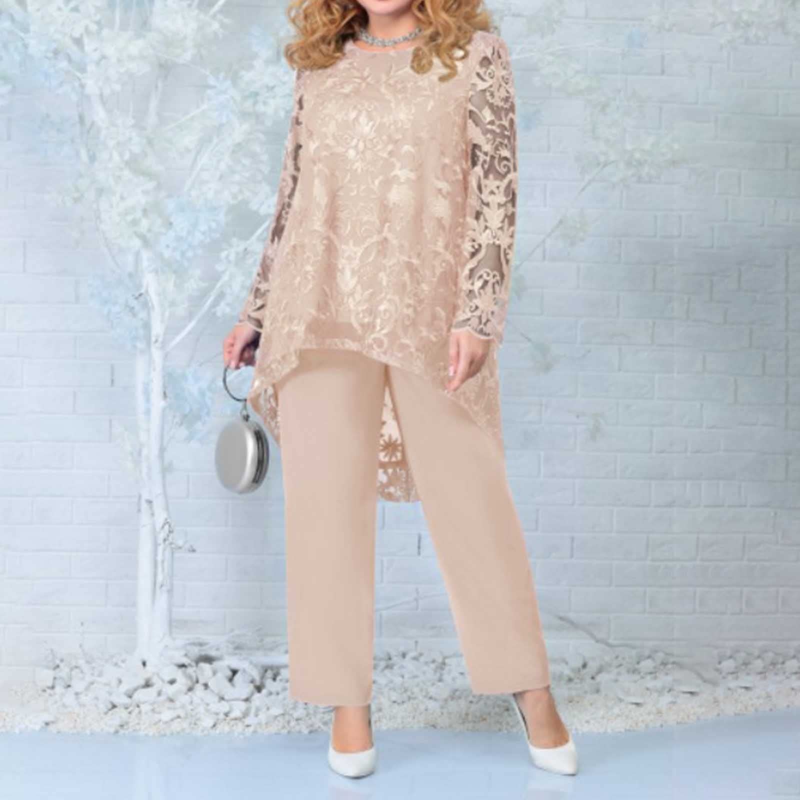 Hosenanzug Damen Festlich Elegant 2 Teiler Hosenanzug Damen Hochzeit Brautmutter Chiffon Abendanzug Sets Frauen Cocktail Party Vintage Zweiteiler Shirt Und Hose Weites Bein Anzughose