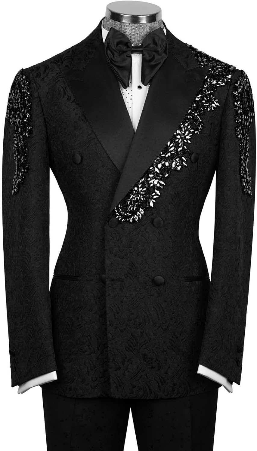 Mens 2 Pieces Floral Jacquard Suit with Rhinestone Double Breasted Peaked Lapel Jacket Pant for Prom Party Dinner