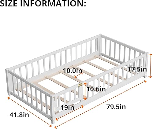 Miniatura 51 de Marco de cama Montessori de madera de tamaño individual con listones de madera, valla y puerta para niños, niñas y niños, espresso (con listones de
