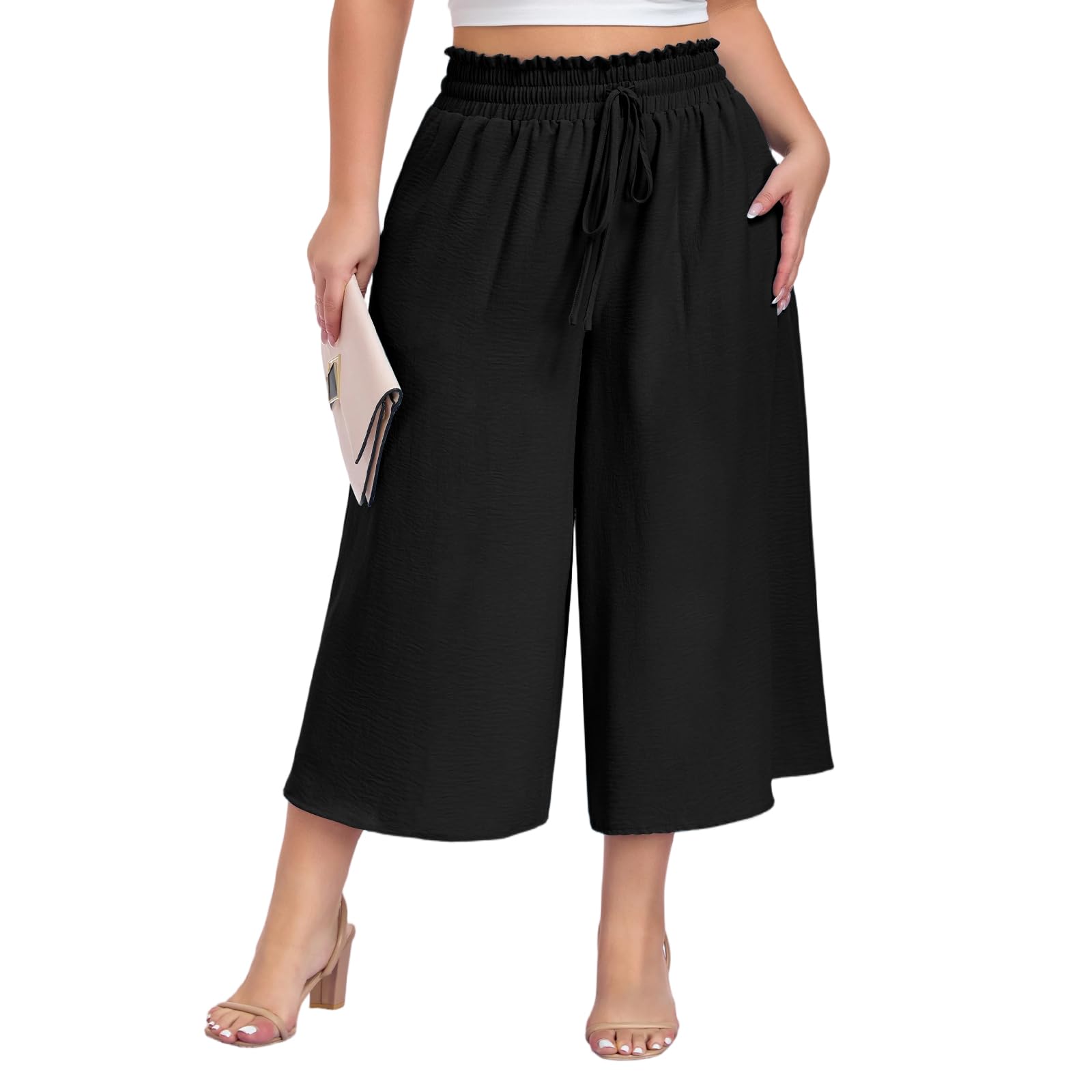 Moon Wood 3/4 Sommerhose Damen Leicht Hohe Taille Culotte Palazzo Hose Freizeit Lässig Weitem Bein Caprihose mit Taschen Große Größen