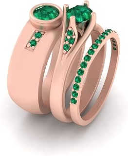 1.25TCW Green Synthetic Emerald Matching Promise Ring Band Set His and Hers Rose Gold Finish 925 Silver