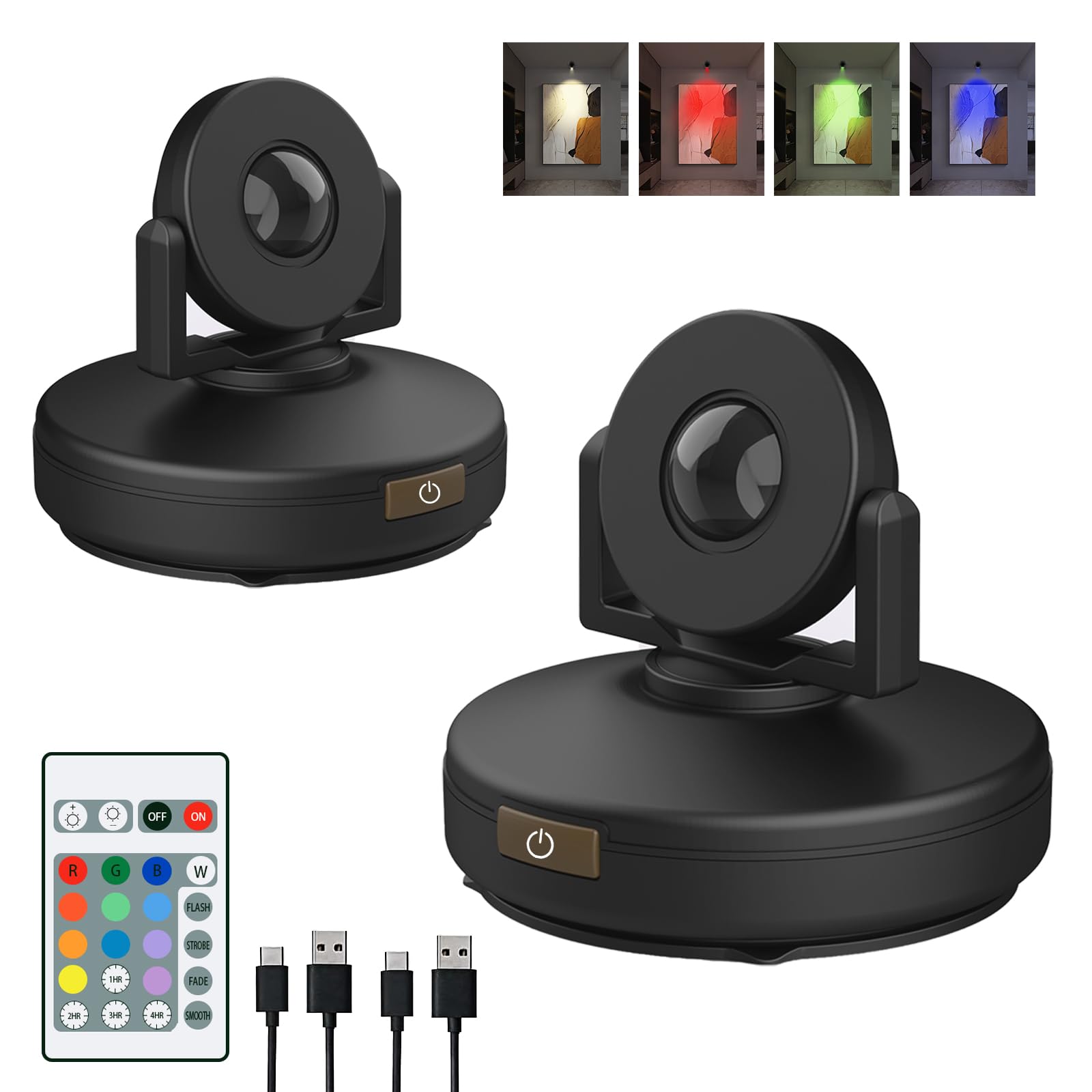 Rechargeable LED Spotlights with Remote, Battery Powered Picture Lights with 12 Color Changing, Dimmable Indoor Spotlight with Timmer for Wall Art Display Dartboard Painting Artwork Closet, 2Pack