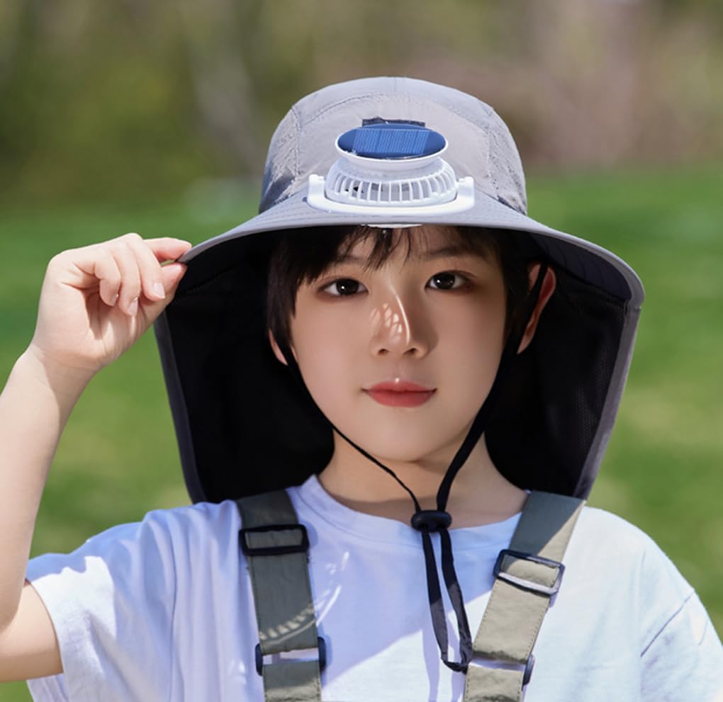 Sombrero de sol con ventilador solar USB para niños, con solapa para el cuello, sombrero de pesca, gorra de protección solar para adolescentes, niños y niñas
