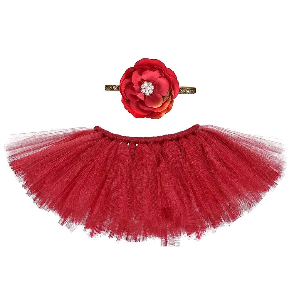 Baby Fotografie Set Mit Tutu Rock & Blumen Stirnband - Rot Für Neugeborene 0-12 Monate