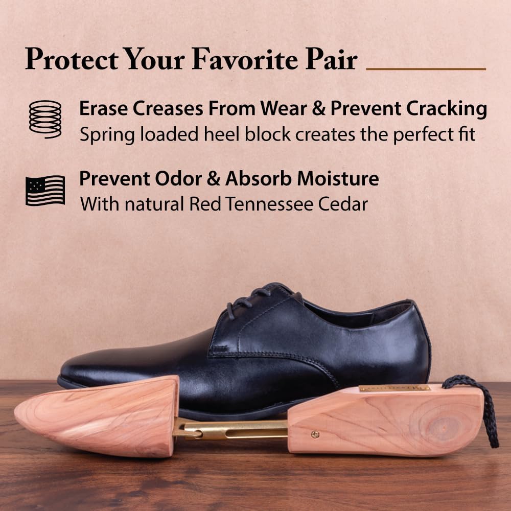 FootFitter Men's Aromatic Cedar Shoe Trees, Adjustable Split Toe Shoe Shaper, Preserve Shape & Absorb Odors, USA Cedar (SJ32)