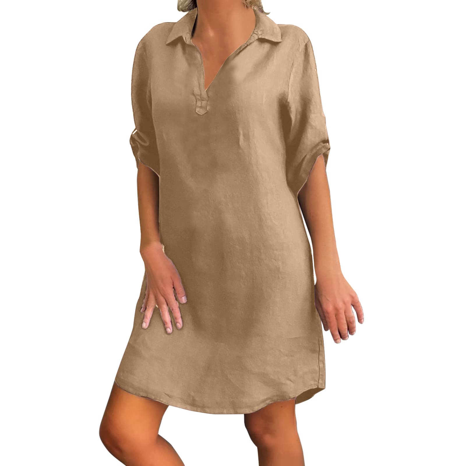 Leinenkleid Damen Sommer Sommerkleid Knielang Tshirt Kleid Große Größen Blusenkleid mit Knöpfen V-Ausschnitt Revers Baumwolle Leinen Einfarbige Vintage Kleider Hemdkleid Shirtkleid für Frauen