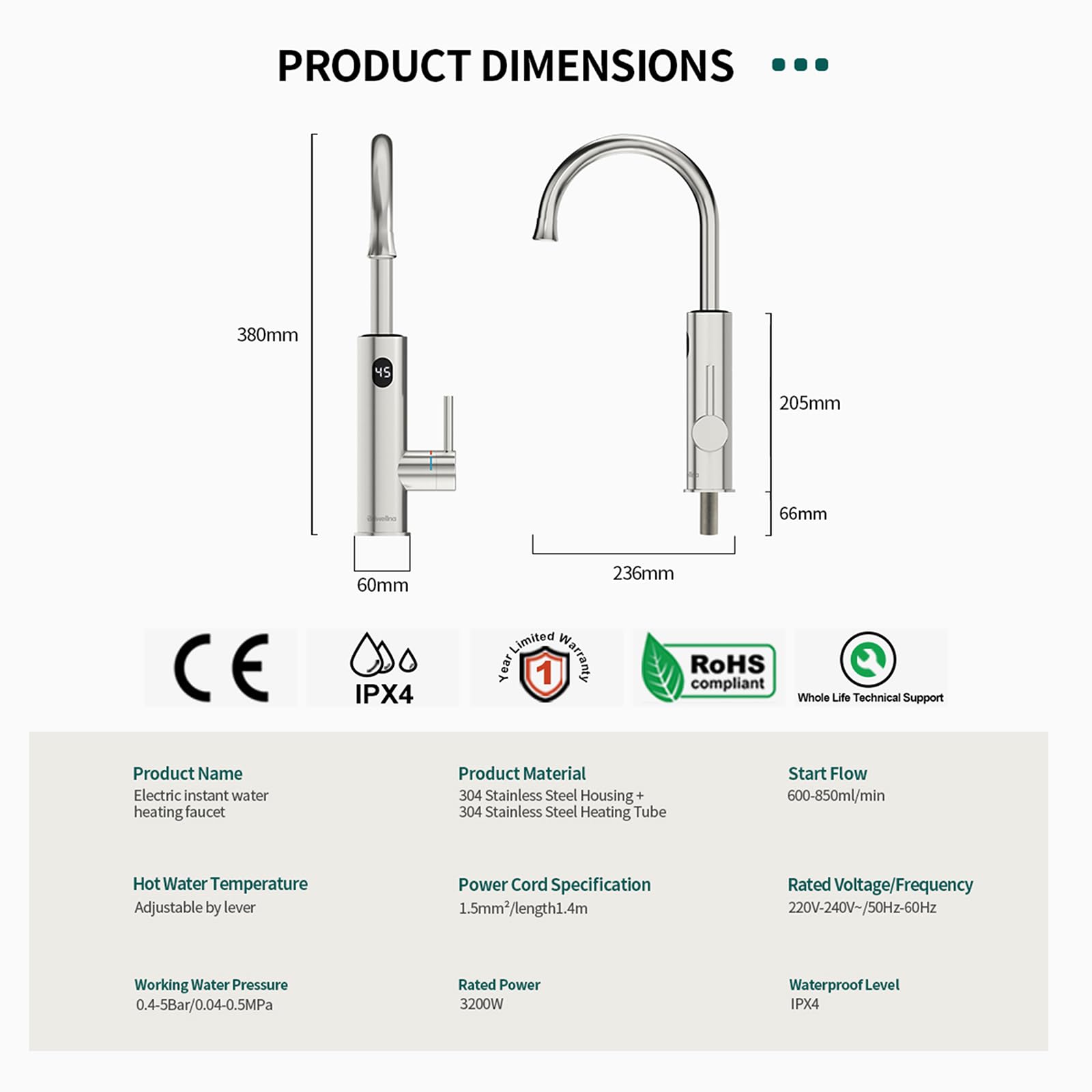 Grifo de agua caliente inoxidable con pantalla digital, grifo de calentador de agua instantáneo giratorio de 360 grados, grifo de calentamiento rápido, grifo de calefacción eléctrica