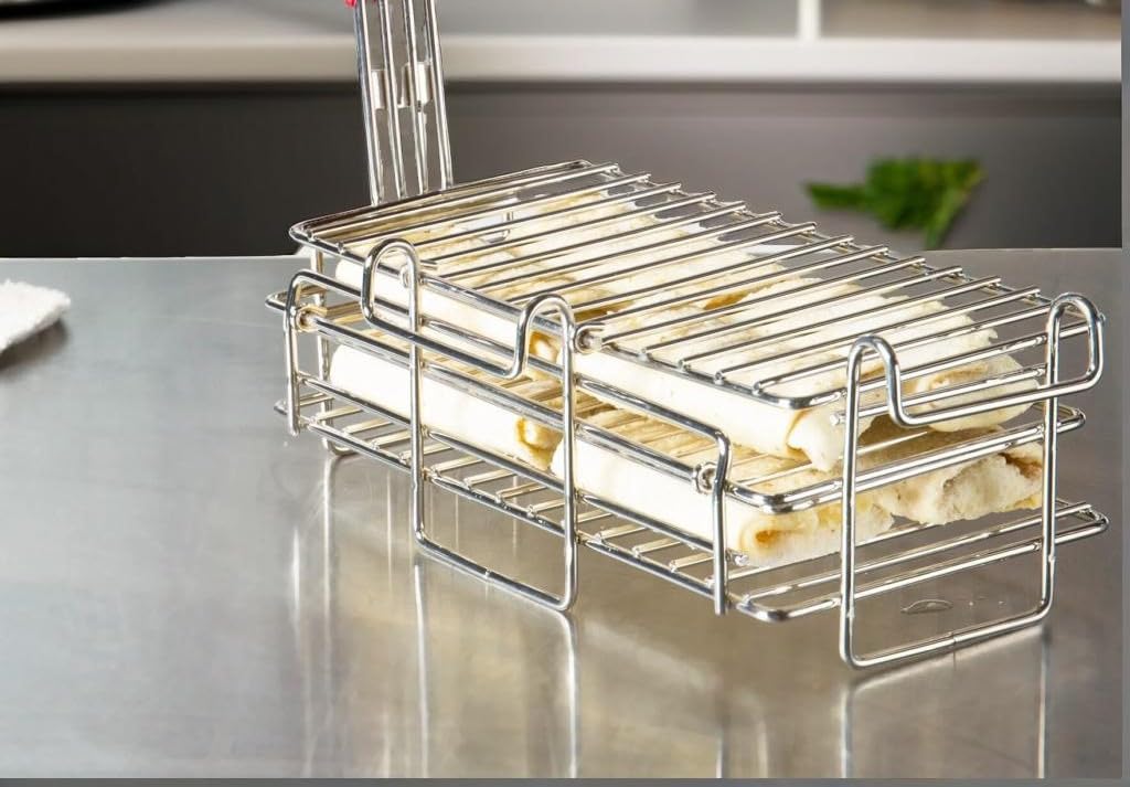 Cestello Per Friggitrice A 2 Livelli In Acciaio Nichelato 32x16x11 Cm Con Manico Termico - Per Burritos, Chimichangas E Corn Dog - Ganci Per Sgrondare - 5