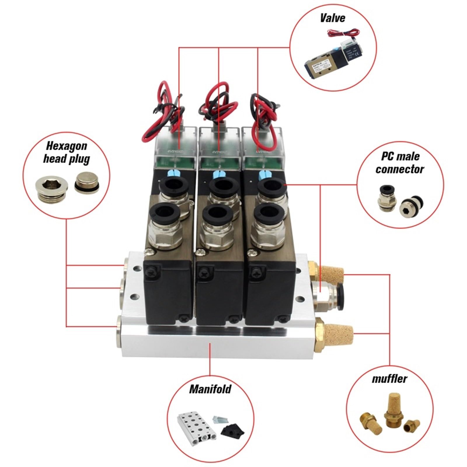 4V210-08 DC24V 12V AC220V AC110V 2 pozycje 5-drożny poczwórny zawór elektromagnetyczny Aluminiowa podstawa Montaż Tłumiki Zestaw 3 4 5 6 stacji 1 szt. (Kolor: DC24V 8mm armatury, rozmiar: 6 stacji)