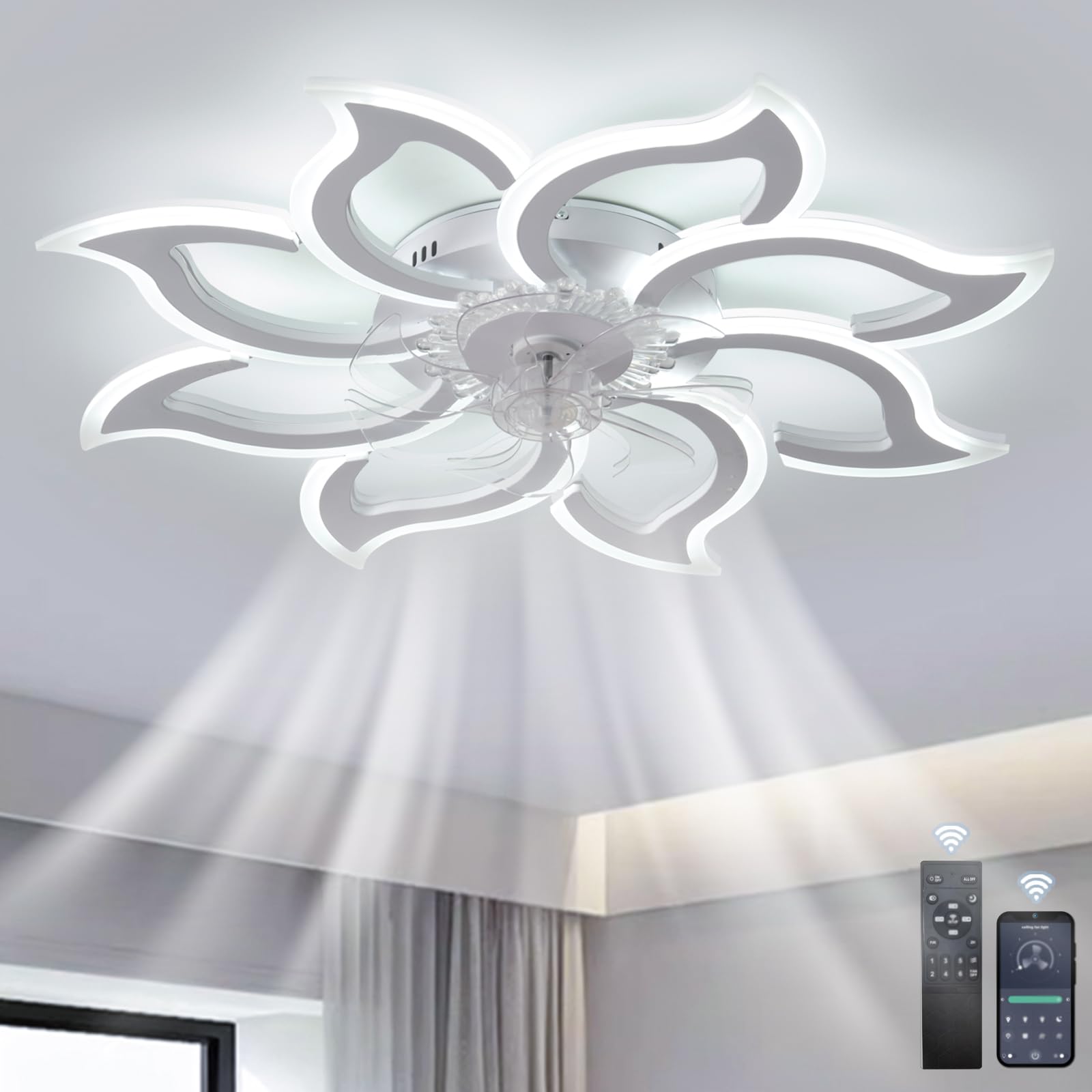 HXYSXHJUO Modern Ceiling Fans with Lights and Remote Smart, Silent LED Lamps, 6 Speeds 3000K-6500K Dimmable Fan Light for Bedroom, Dining Room, Lounge