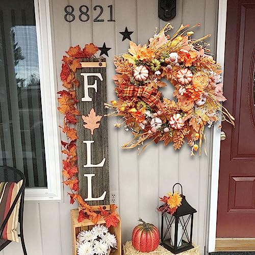 WANNA-CUL 24 Inch Fall Wreath for Front Door with Orange Hydrangea Flowers and Pumpkins-Fall Decoration for Home-Large Fall Decor Door Wreath for Autumn,Harvest, Halloween or Thanksgiving
