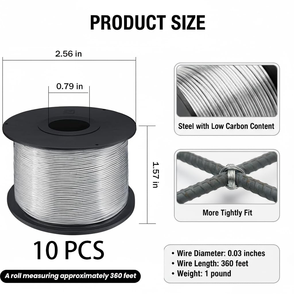 10 Rolls Steel Rebar Tie Wire Coil 1/32 Inch 0.8mm Diameter 360FT per Roll Total,3600FT Rebar Gun Wire for Automatic Tying Guns Twisters Tying Tools and Twister Machines
