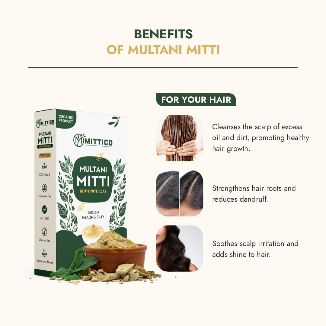 MITTICO Multani Mitti Powder Natural Fuller’s Earth for Face & Hair Packs Removes Dead Skin Cleanses Pores Reduces Dandruff & Scalp Itchiness Soft & Glowing Skin (Pack of 2) 2
