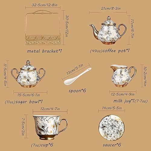 Miniatura 7 de ARRAZI Juego de 22 platillos de porcelana para taza de té de cerámica regalo de moda para 6 personas con patrón dorado tetera y azúcar jarra de crema