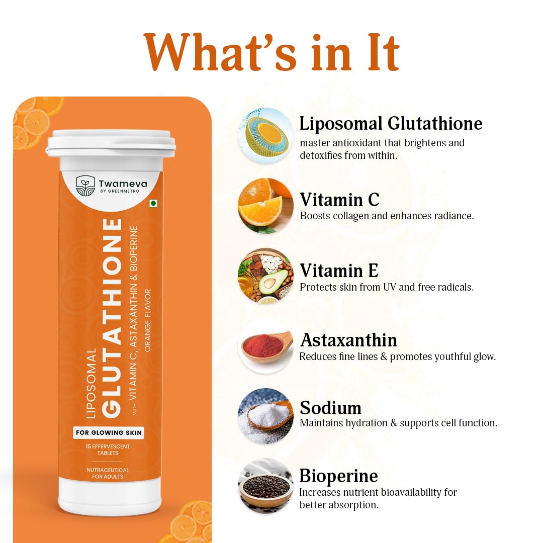 L-Glutathione Effervescent Tablets | Vitamin C, E and Astaxanthin | Glutathione for Radiant, Even-Toned and Glowing Skin | Helps in Youthful and Glowing Skin | Orange Flavour — Amazon image 2