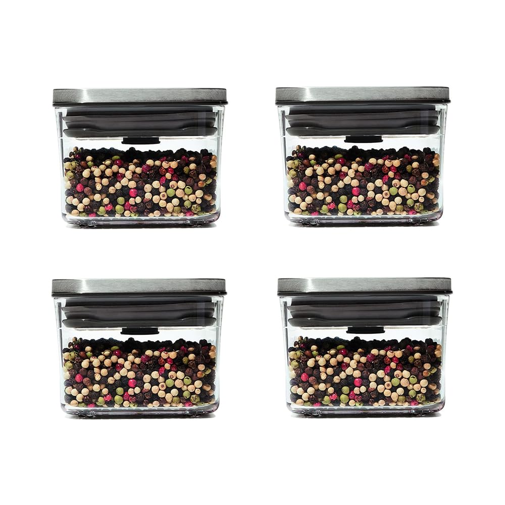 OXO Steel POP Small Square Container - 0.4 Qt (Pack of 4) Airtight Food Storage for Dried Herbs & More, Grey