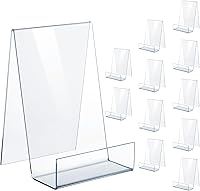PARBEE 12 Pack Acrylic Book Display Stands with Ledge - Clear Easel Holders for Books, Tablets, Artworks, Pictures, Notebooks - Small & Large