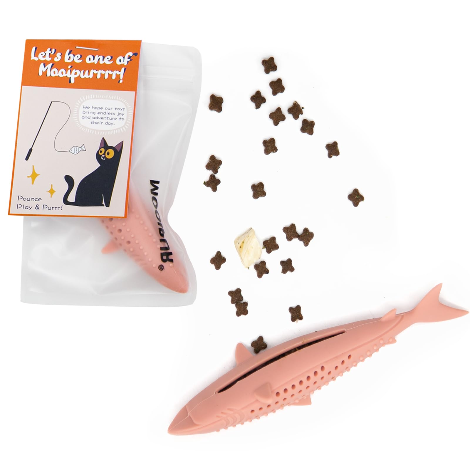 Mooipur Fish-Shaped Cat Teething Toy, Durable Silicone Chew & Treat Dispenser for Puzzle Play, No Catnip, Dental Care for Kittens & Adult Cats, Pink (