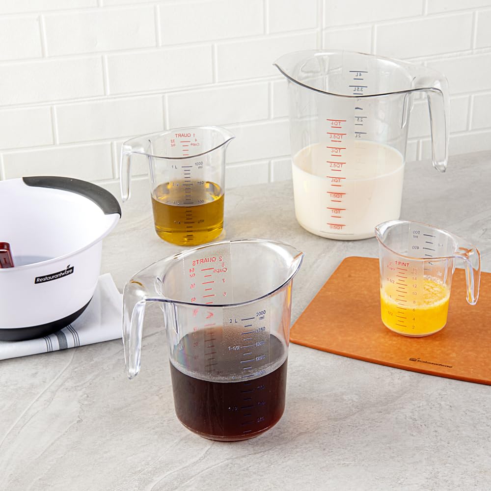 RW Base - Tarros medidores de 2 cuartos de galón, 10 vasos de medición duraderos, unidades métricas e imperiales, boquilla en forma de V, tazas medidoras de plástico transparente, mango con agarre