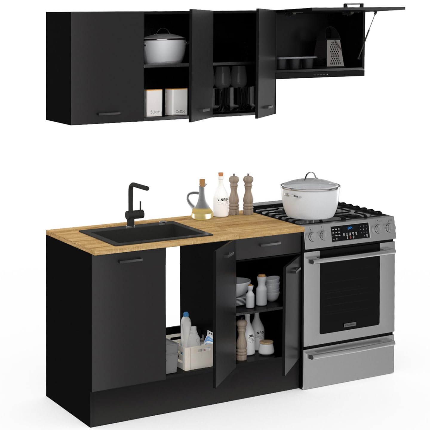 IDMarket - Cuisine complète 180 cm Subtil avec Plan de Travail 5 éléments Noir et Plateaux Bois