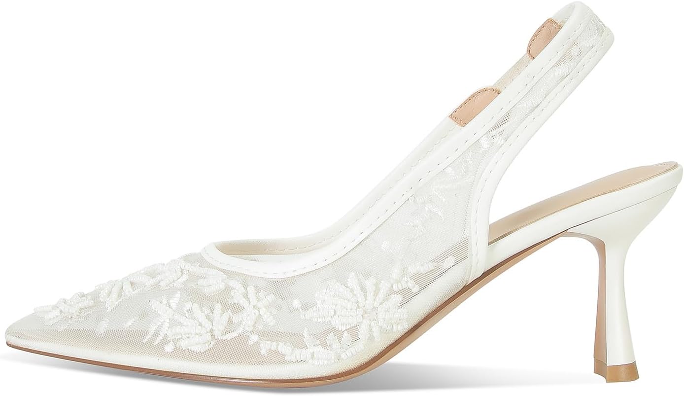 Lace Mesh Slingback Heels for Women Embroidered Kitten Heels Bridal Shoes Pointed Toe Wedding Pumps - Image 4