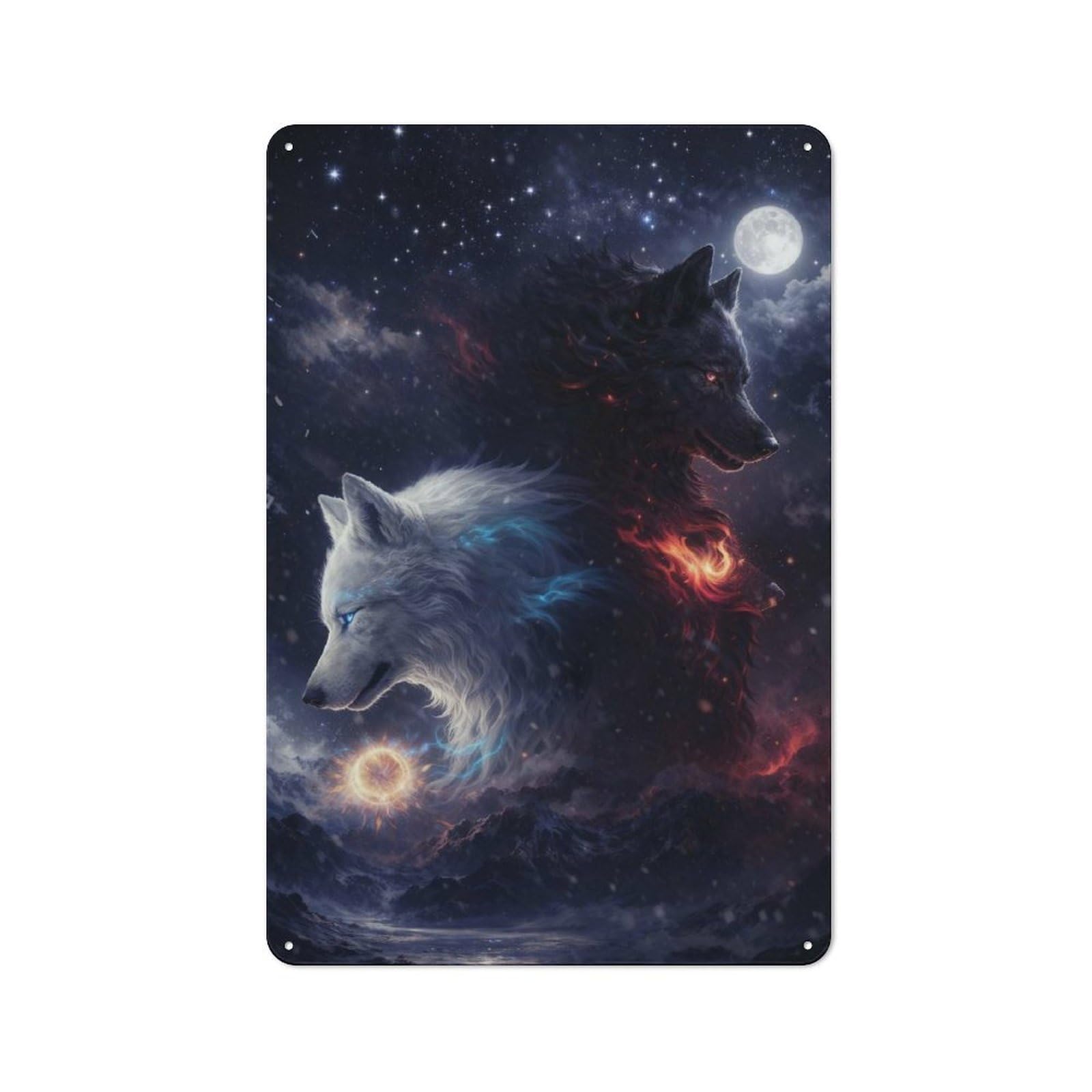Metal Wall Sign 30x20cm Featuring Yin Yang Wolves Night And Day for Garage Or Workshop, Suited to Workshop Owners
