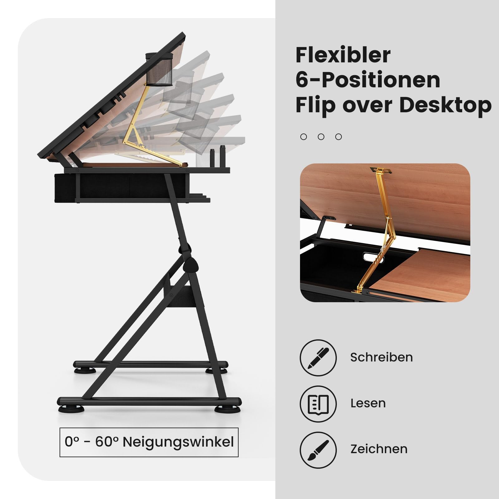 FANTASK Zeichentisch mit Hocker, Architektentisch höhenverstellbar, Schreibtisch mit neigbarer Tischplatte, Schülerschreibtisch mit 2 Schubladen, Arbeitstisch für Architekt & Künstler (Natur)
